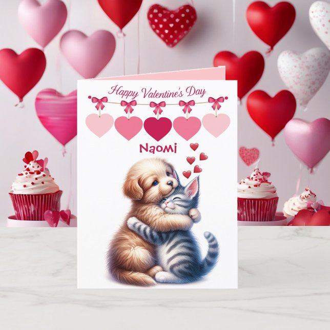 Valentindagen Puppy Kitten Lägg till Namn För barn Helgkort (Skapare uppladdad)