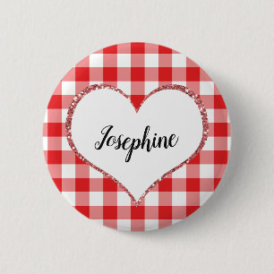 Valentindagen Red Gingham Heart - eget namn Knapp