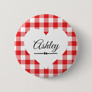 Valentindagen Red Gingham Heart - eget namn Knapp