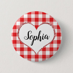 Valentindagen Red Gingham Heart - eget namn Knapp