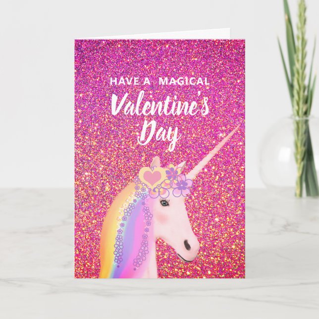 Valentindagen Rosa Glitter Unicorn Kids Helgkort (Framsida)
