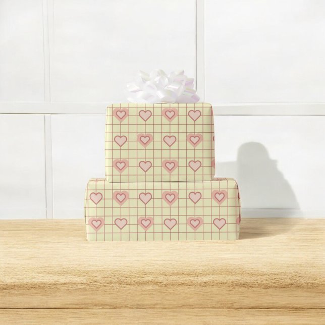 Valentindagen Rosa Heart Cream Checkered Mönster Presentpapper (Skapare uppladdad)