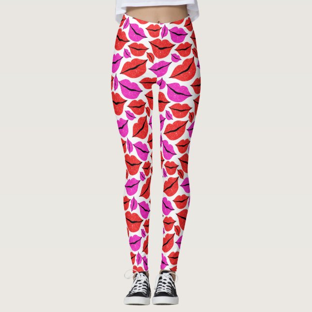 Valentindagen Rosa Red Läppar Mönster Leggings (Framsida)