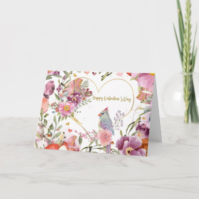 Valentindagen Söt Bird Watercolor Blommigt Helgkort (Framsida)