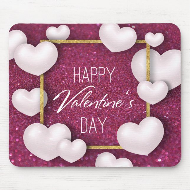 Valentindagen White Hearts Glitter - Mousepad Musmatta (Framsidan)