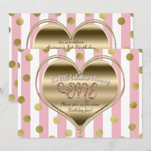 Valentine 1-årsdag EN Guld Hjärtat Rosa Ränder Inbjudningar
