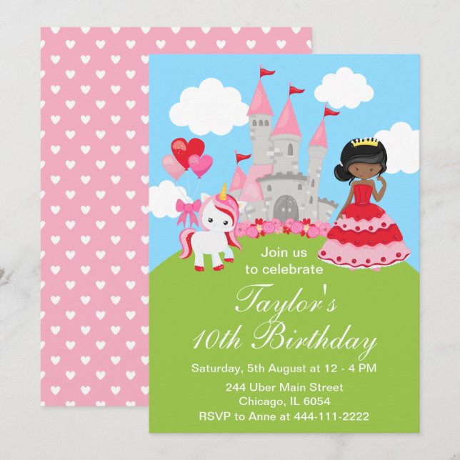 Valentine African American Princess Birthday Inbjudningar (Fram/baksida)