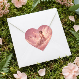 Valentine-älva på rosa moln Fantasykonstnamn Hjärtformat Klistermärke