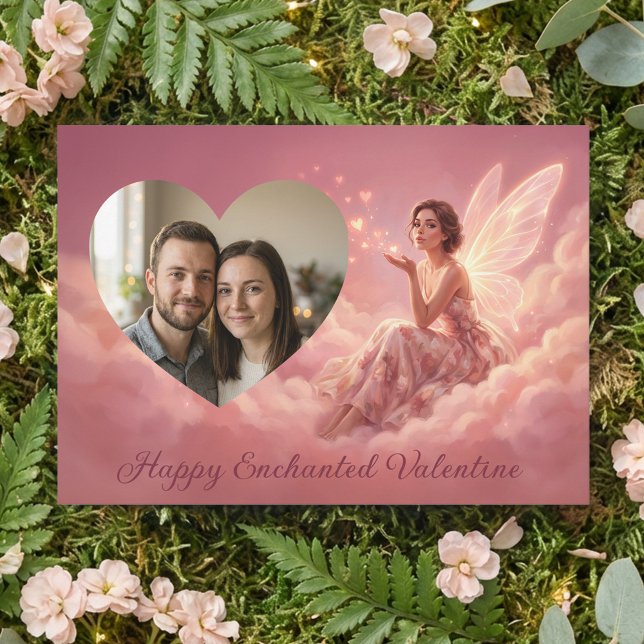 Valentine-älva på rosa moln med hjärta Foto Julkort (Skapare uppladdad)