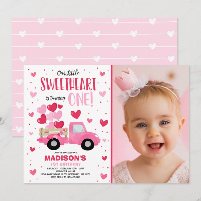 Valentine Baby 1st Birthday Rosa Red Lastbil Inbjudningar (Fram/baksida)