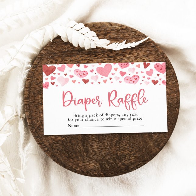 Valentine Baby Shower Diaper Raffle Tilläggskort (Watercolor Cute Valentine Pink and Red Hearts Baby Shower Diaper Raffle Game Ticket)