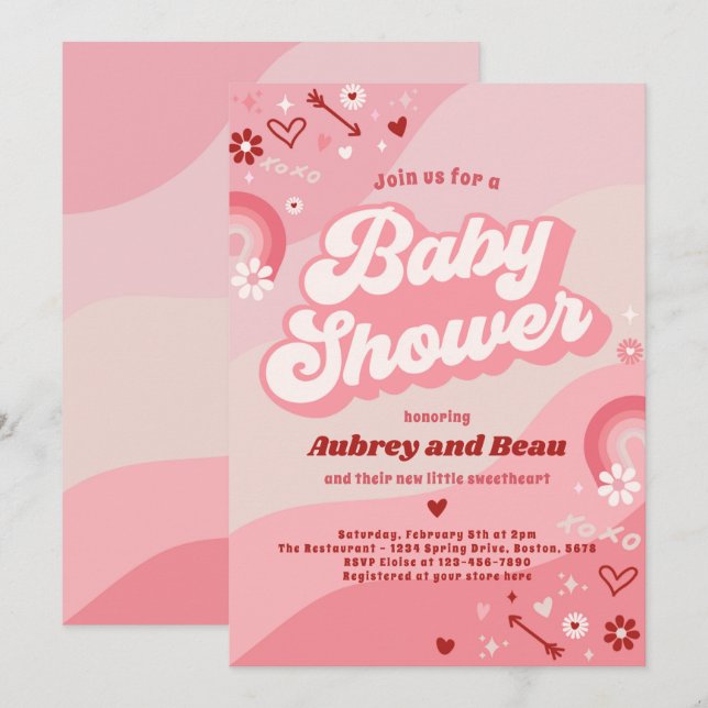 Valentine Baby Shower Groovy Baby Kärlek Baby Show Inbjudningar (Fram/baksida)