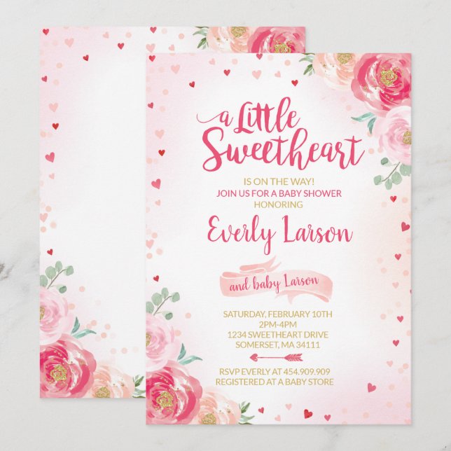 Valentine Baby Shower-inbjudan, älskling Baby Inbjudningar (Fram/baksida)
