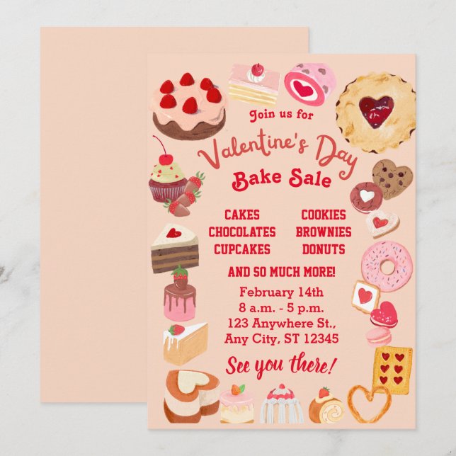 Valentine Bake Sale Flyer, Valentine School Bake Inbjudningar (Fram/baksida)