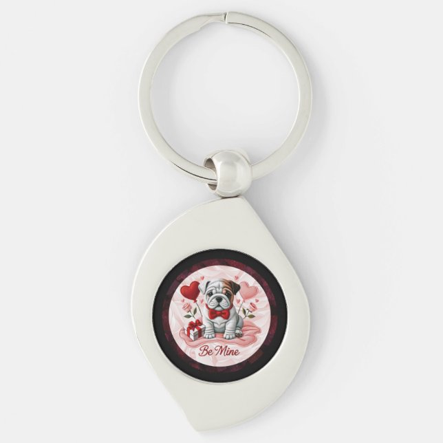 Valentine Be Mine English Bulldog Metall Keychain Swirl Silverfärgad Nyckelring (Framsidan)