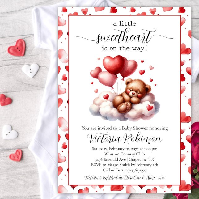Valentine Bear Baby Shower Inbjudningar (Cute Valentine bear baby shower invitation. This design works for a boy, girl or gender reveal.)