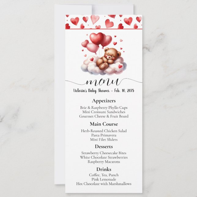 Valentine Bear Baby Shower Menu Inbjudningar (Framsida)