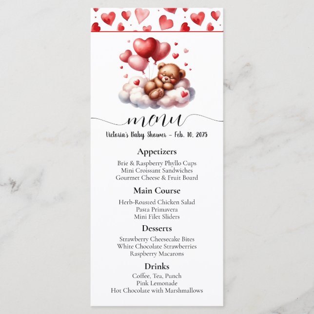 Valentine Bear Baby Shower Menu Meny (Framsida)