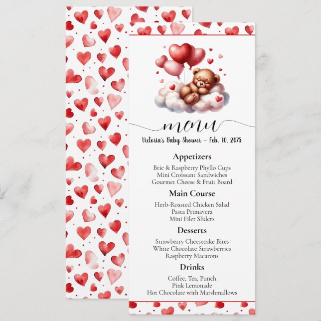 Valentine Bear Baby Shower Meny Inbjudningar (Fram/baksida)