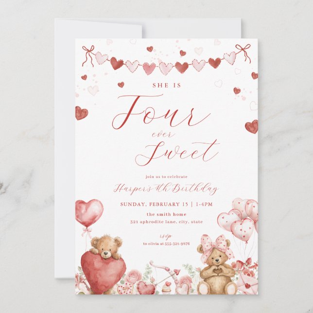 Valentine Bear Four Ever Sweet 4-års födelsedagsin Inbjudningar (Framsida)