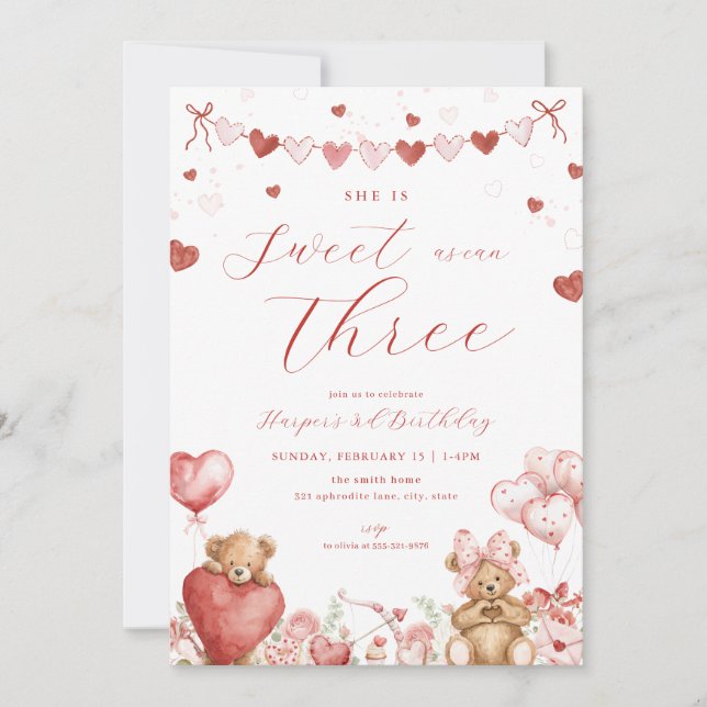 Valentine Bear Hearts Sweet Third Birthday Invite Inbjudningar (Framsida)