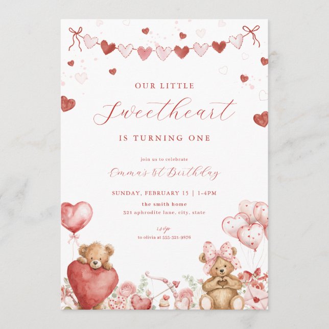 Valentine Bear Little Sweetheart Birthday Invite Inbjudningar (Framsida)