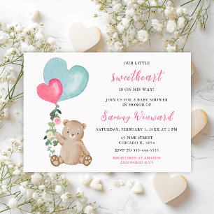 Valentine Bear Rosa och Blå Hjärtan Baby Shower Inbjudningar