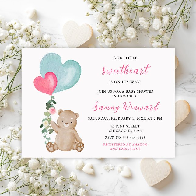 Valentine Bear Rosa och Blå Hjärtan Baby Shower Inbjudningar (Skapare uppladdad)