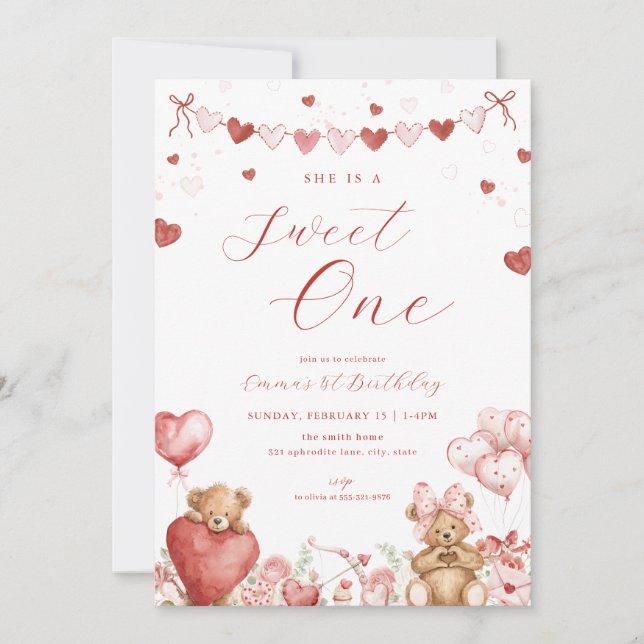 Valentine Bear Sweet One 1st Birthday Invite Inbjudningar (Framsida)