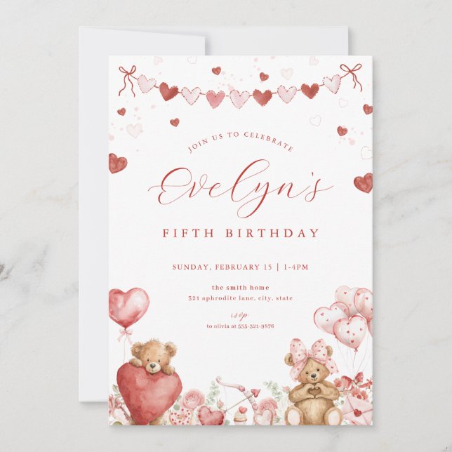 Valentine Bear Sweetheart Hearts Birthday Invite Inbjudningar (Framsida)