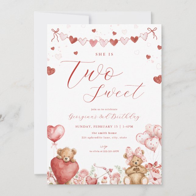 Valentine Bear Two Sweet Andra Födelsedagsinbjudan Inbjudningar (Framsida)
