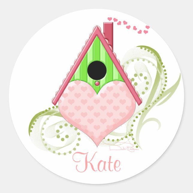 Valentine Birdhouse Round Stickers Runt Klistermärke (Framsida)