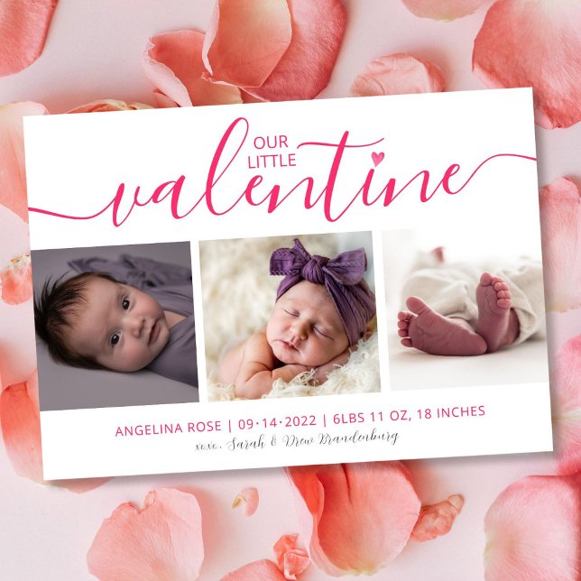 Valentine Birth Notice 3 Photo Rosa Hearts Julkort (Skapare uppladdad)