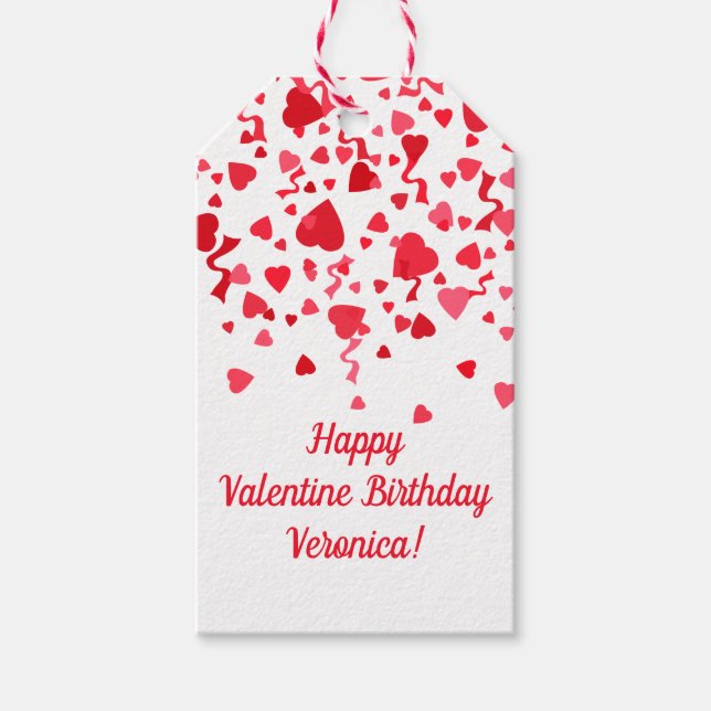 Valentine Birthday Red Confetti Heart Personlig Presentetikett (Framsidan)