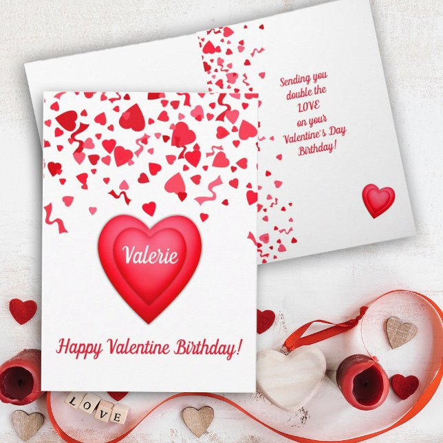 Valentine Birthday Red Confetti Hearts Hälsning Kort (Personalize this Happy Valentine Birthday card with fun confetti and modern heart design.
)