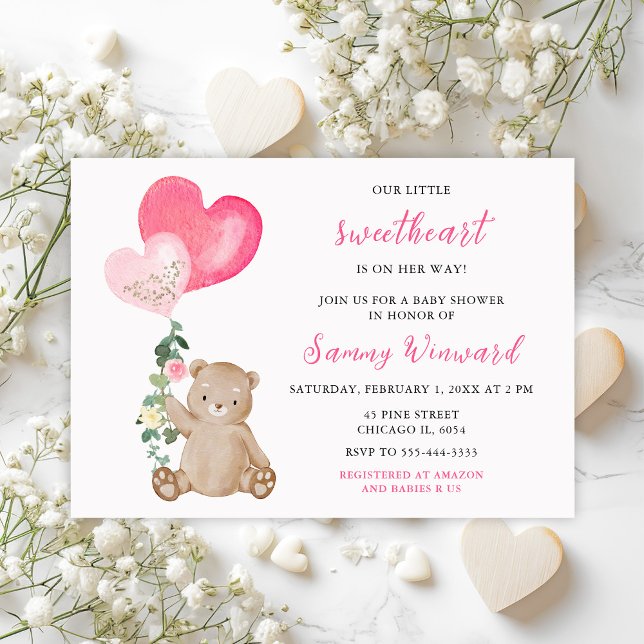 Valentine Björn Rosa Hjärtan Baby Shower Inbjudningar (Skapare uppladdad)