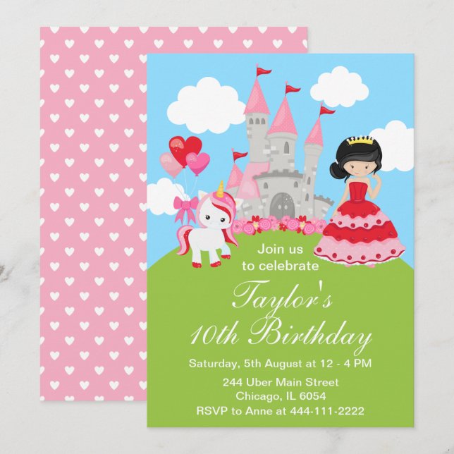 Valentine Black Hair Princess Unicorn Birthday Inbjudningar (Fram/baksida)