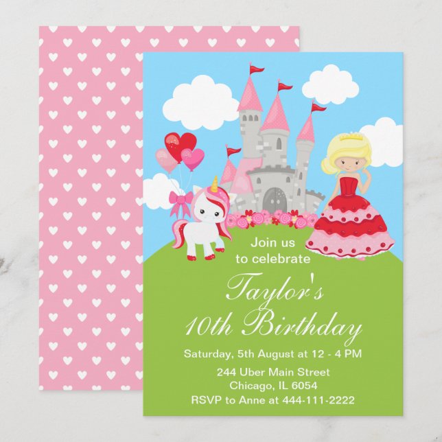 Valentine Blonde Hair Princess Unicorn Birthday Inbjudningar (Fram/baksida)