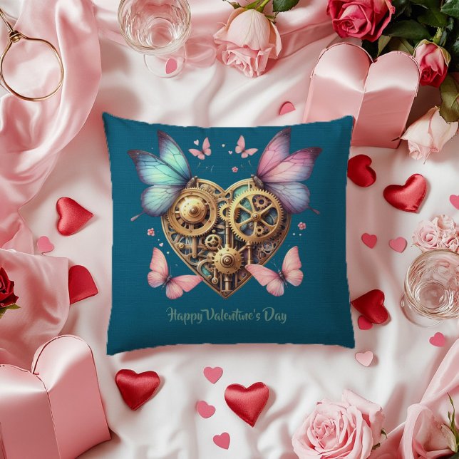 Valentine Blue Lila Butterfly Steampunk Heart Kudde (Skapare uppladdad)