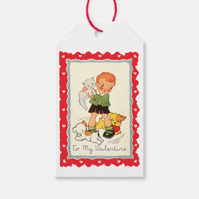 Valentine Boy med marionetter och kattunge Presentetikett (Framsidan)