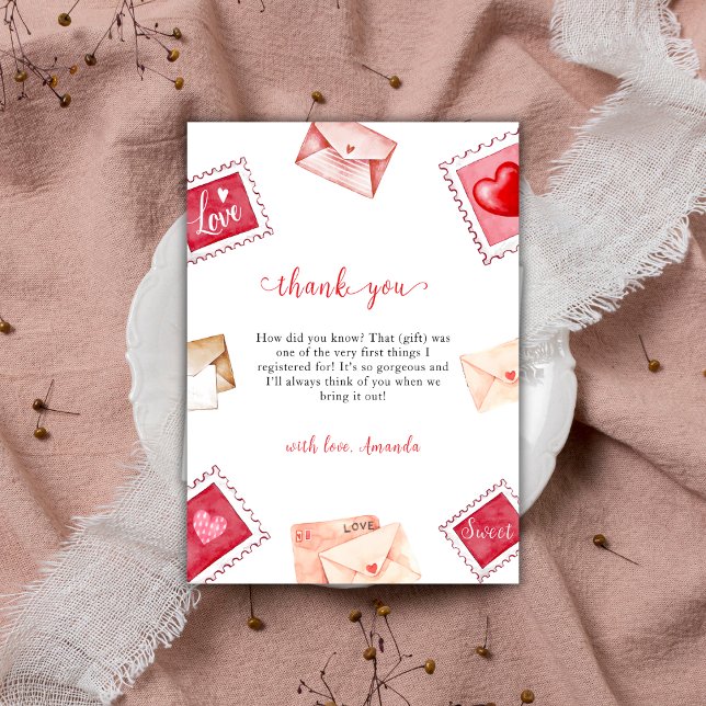 Valentine Brev Frimärke, babblästare Tack Kort (Valentine Letter Stamp Sweetheart Baby Shower Thank You Card)
