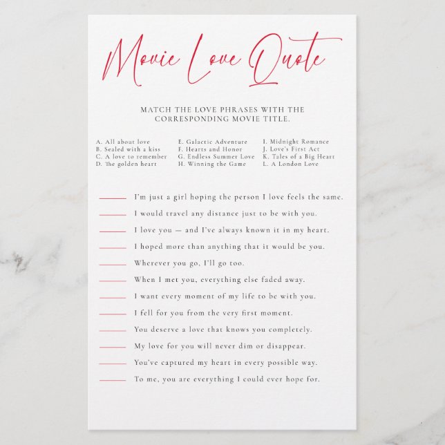 Valentine Bridal Shower Game Match Movie Quotes  Flygblad (Framsidan)