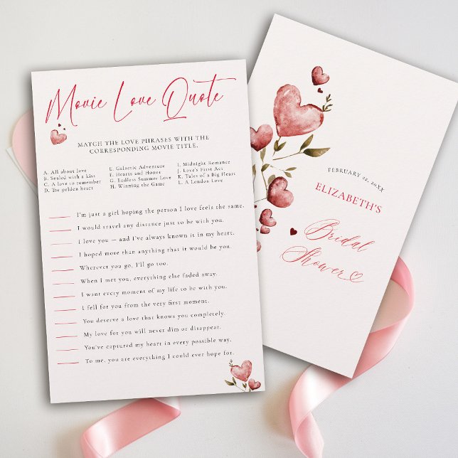 Valentine Bridal Shower Game Match Movie Quotes  Flygblad (valentine bridal shower game movie love quote brunch bubbly watercolor hearts showered with love)