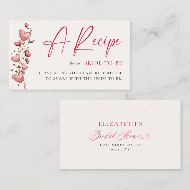 Valentine Bridal Shower Hearts Vines Bride Recipe Tilläggskort (Fram/baksida)
