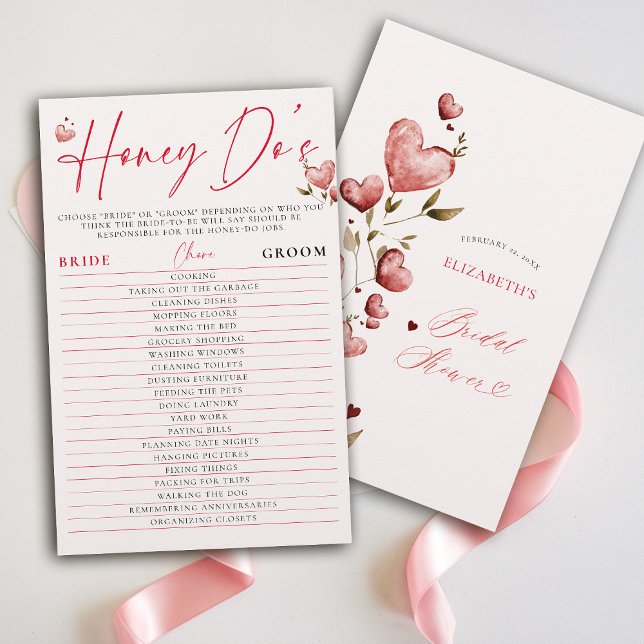 Valentine Bröllopsduschspel Honey Do Watercolor Flygblad (valentine bridal shower game honey do list brunch bubbly watercolor hearts showered with love)