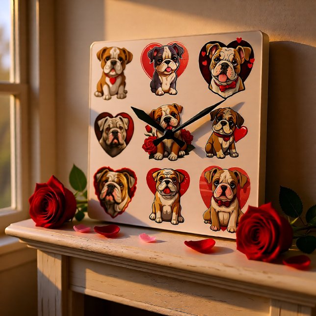 Valentine Bulldog Fyrkantig Klocka (Cute Bulldog Love Square Wall Clock)