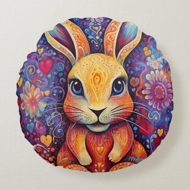 Valentine Bunny Flowers hjärtan lila Rund Kudde (Framsidan)