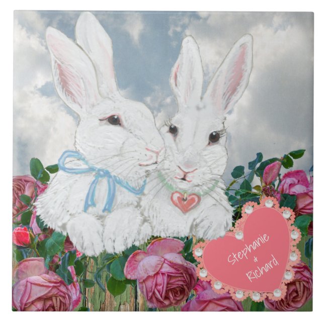 Valentine Bunny Rabbits Ro Anpassningsbar Romantic Kakelplatta (Framsidan)