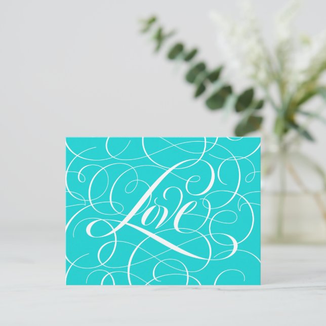 Valentine Calligraphy Kärlek Heart Teal Aqua Blue Vykort (Stående Fram)