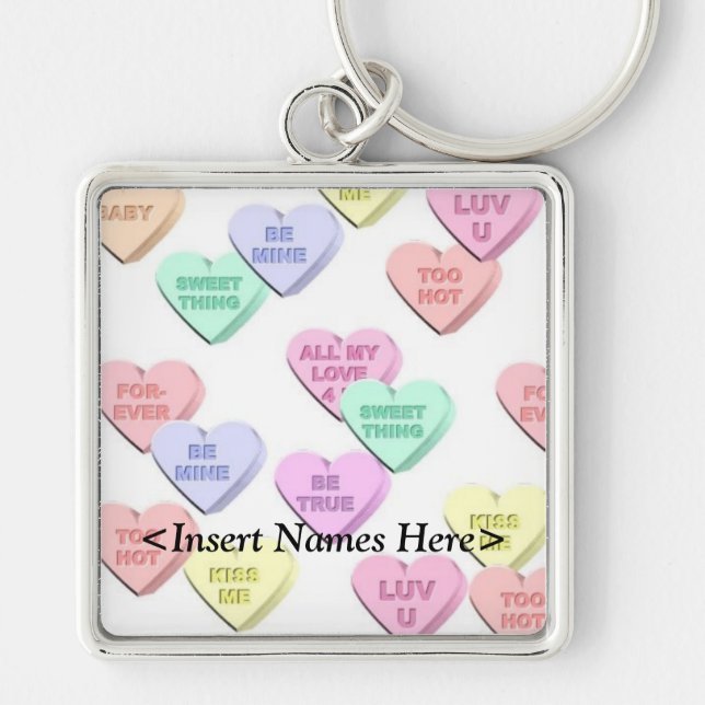 Valentine Candy Hearts Mönster Par Keychain Fyrkantig Silverfärgad Nyckelring (Framsidan)